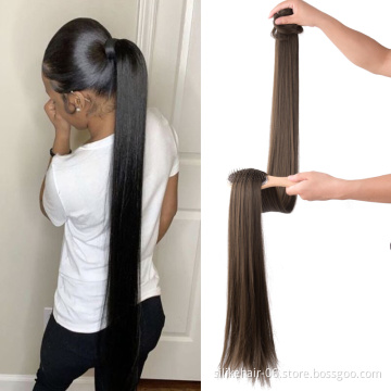 Custom-made  Long Straight Wrap Around Pony Tail Hair 51 Inch synthetic hair extension clip in Straight Hair Drawstring Ponytail